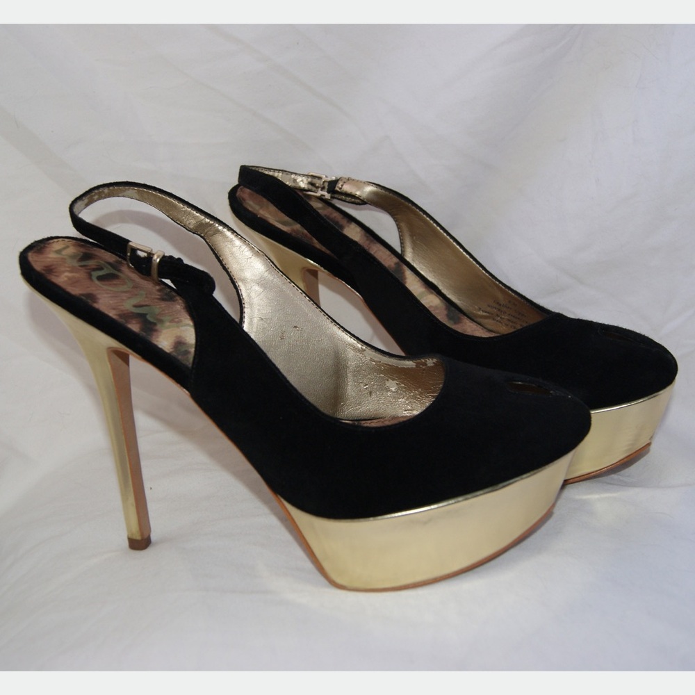 Sam Edelman Black Suede Slingback Platform Heels with Gold Platform